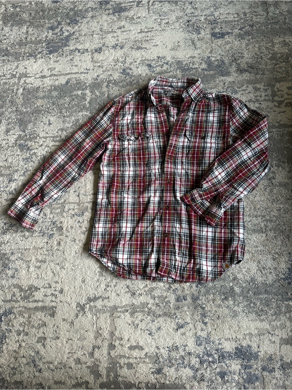 Men's Red Plaid Carhartt Long-Sleeve Button-Up Shirt Medium